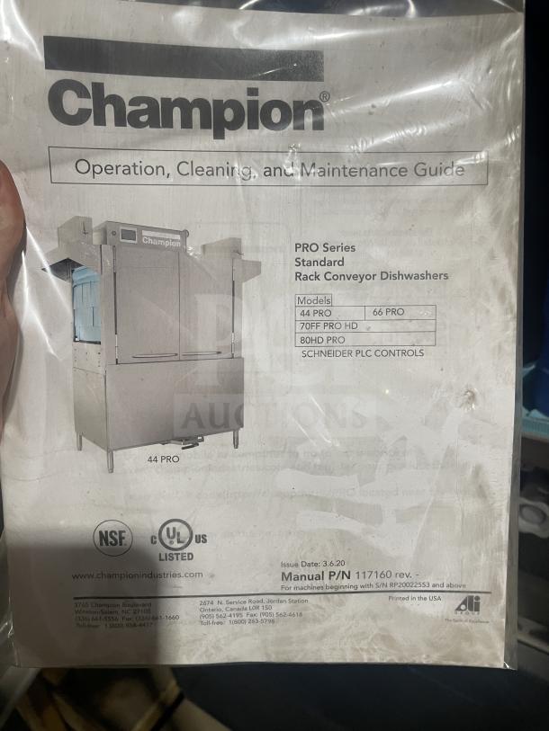 Brand new Champion 44PRO conveyor dishwasher, stainless steel, with built-in booster and full-size dish rack, on legs.