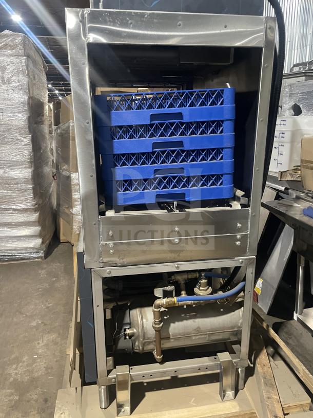 Champion 44PRO Conveyor Dishwasher, stainless steel, high-temp, with built-in booster and dish rack, on legs, new condition.