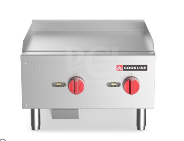 Brand new Cookline CGG24M stainless steel countertop flat griddle, gas powered, with back and side splash, manual controls.