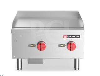 Brand new Cookline CGG24M stainless steel gas griddle, manual controls, back & side splash, on legs, model CGG-24M.