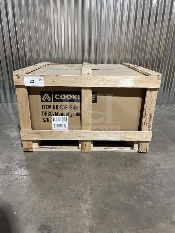 Brand new Cookline CGG-24M countertop griddle, stainless steel, gas powered, with manual controls, boxed in crate.