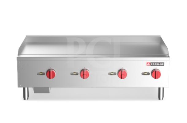 Cookline CGG-48M commercial stainless steel gas griddle with back and side splash, manual controls, and legs. Brand new.