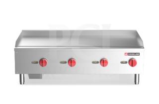 Cookline CGG-48M commercial stainless steel gas griddle with back and side splash, manual controls, and legs. Brand new.