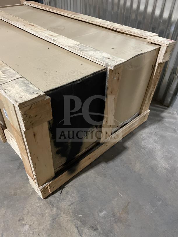 Brand new Cookline CGG48M stainless steel gas griddle, manual controls, back & side splash, on legs, crated for shipping.