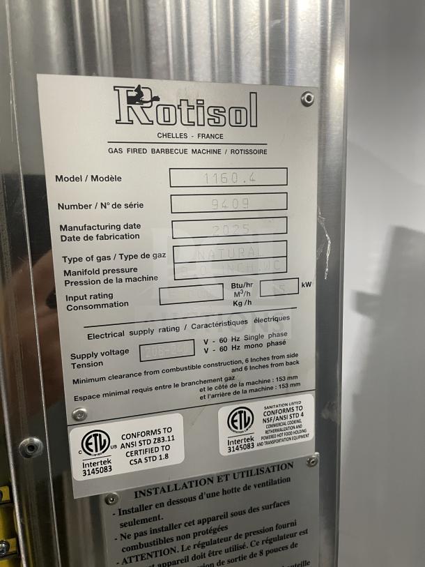 Brand new Rotisol Model 1160.4 stainless steel natural gas rotisserie oven, SN: 9409, with tempered glass doors.