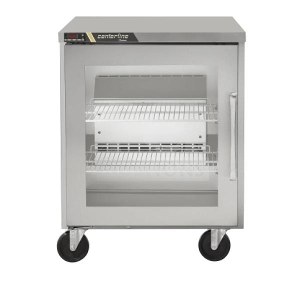 Traulsen C Series CLUC-27R-GD-R stainless steel single door undercounter refrigerator with glass door, on casters, model 25C01294.