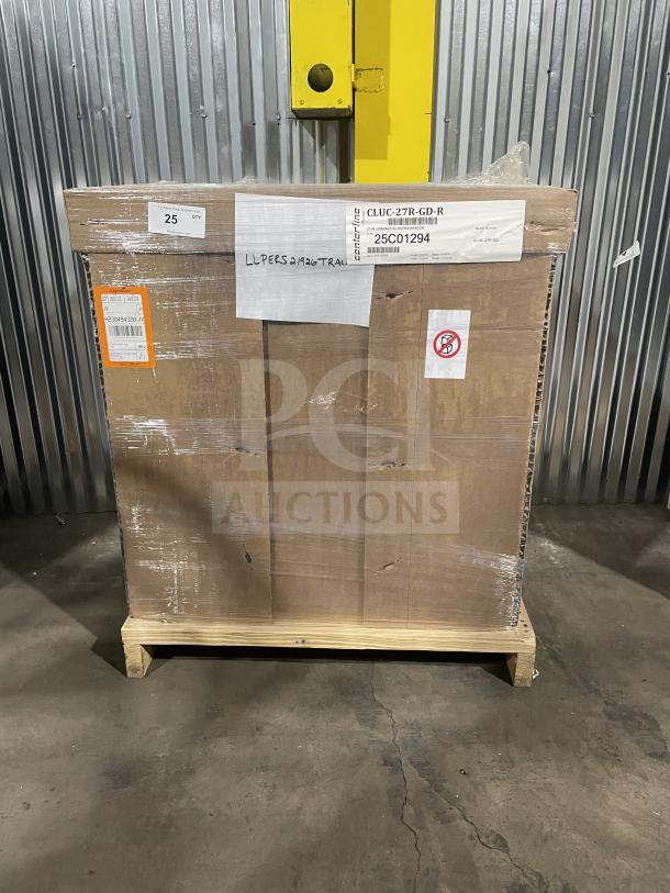 Brand new Traulsen CLUC-27R-GD-R stainless steel undercounter refrigerator in original packaging on pallet. Model 25C01294.