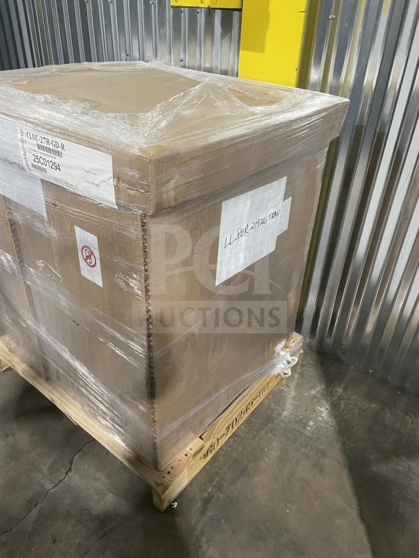 Brand new Traulsen CLUC27RGDR undercounter refrigerator in box. Stainless steel, glass door, 115V, on casters. SN: 25C01294.