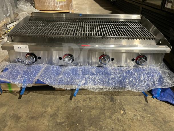 BRAND NEW Star Max Series stainless steel gas countertop char broiler with cast iron grates, back and side splash, on legs.