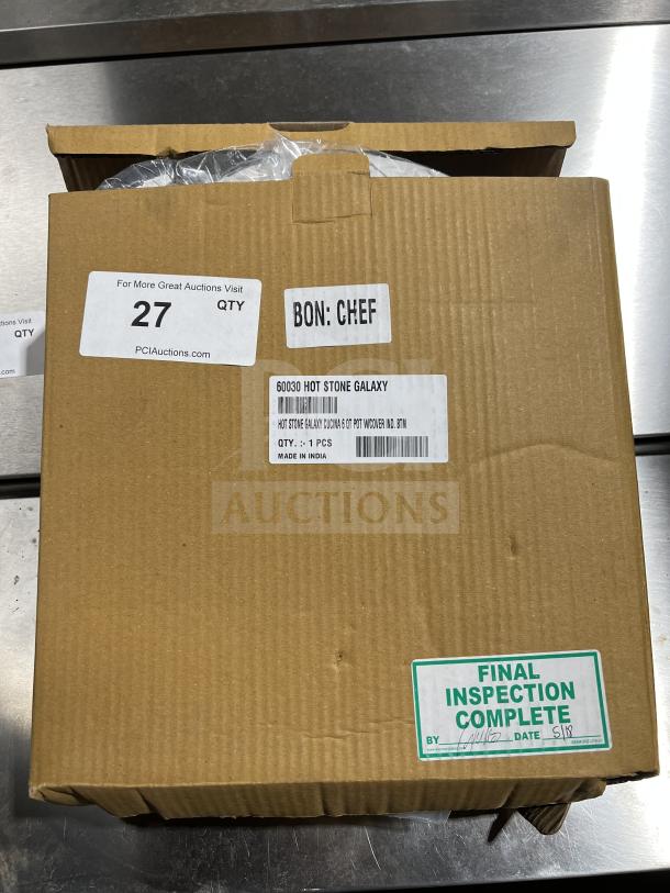 Brand new Bon Chef 6 Qt black sauté pot with stainless steel lid and handles in original box. Final inspection complete.