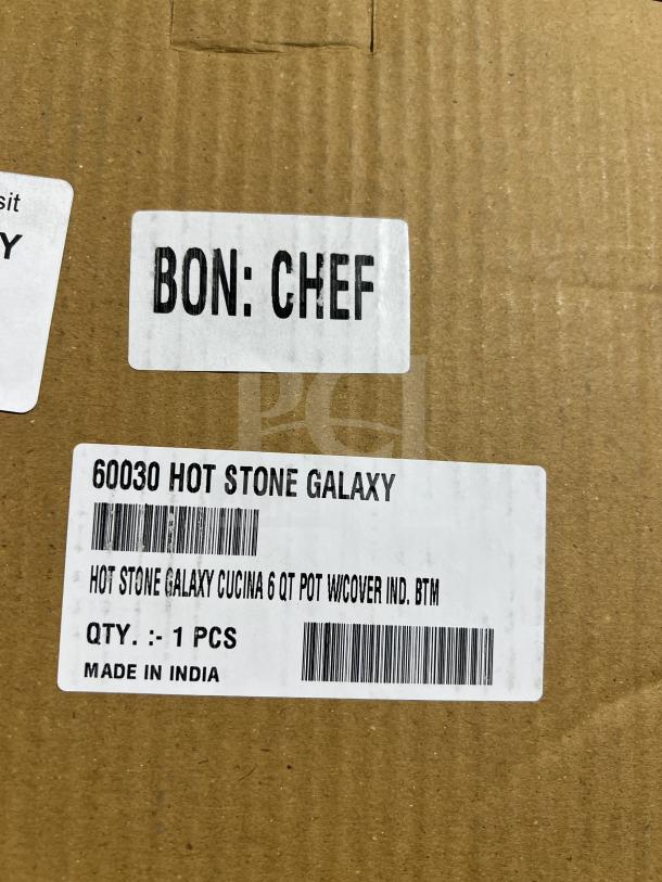Brand new Bon Chef 6 Qt saute pot in box, black with stainless steel lid and handles. Model: Hot Stone Galaxy 60030, made in India.