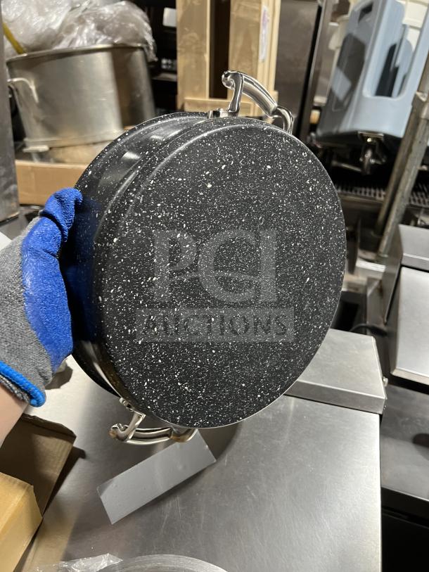 Bon Chef Commercial Black 6 Qt Saute Pot, brand new, with stainless steel lid, interior, and handles.