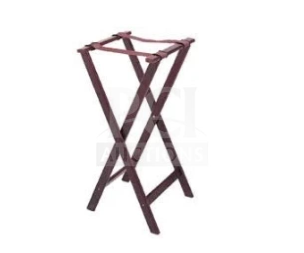 Brand new Winco 32” folding tray stand, mahogany finish, model TR-34W, commercial-grade, in original packaging.