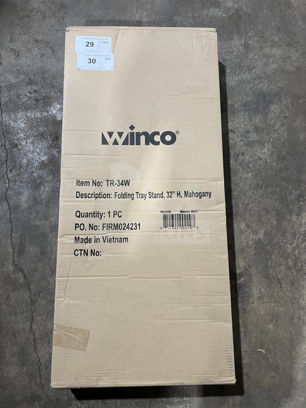 Brand new Winco commercial mahogany folding tray stand, model TR-34W, in unopened box, 32" height.