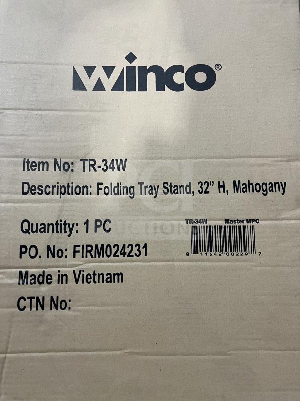 New Winco TR-34W folding tray stand, 32" mahogany finish, in box. Item No: TR-34W, made in Vietnam.