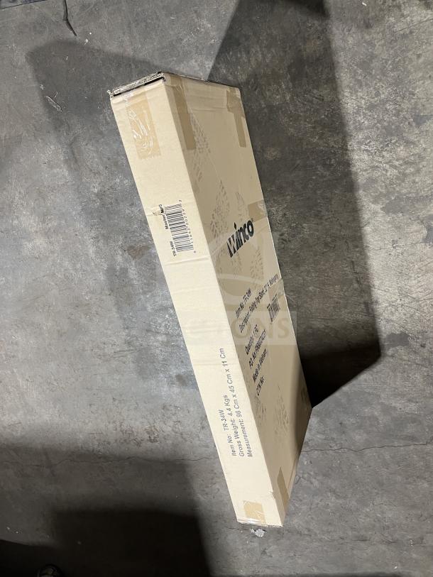 BRAND NEW Winco TR-34W mahogany finished 32” folding tray stand in box. Durable, commercial-grade.