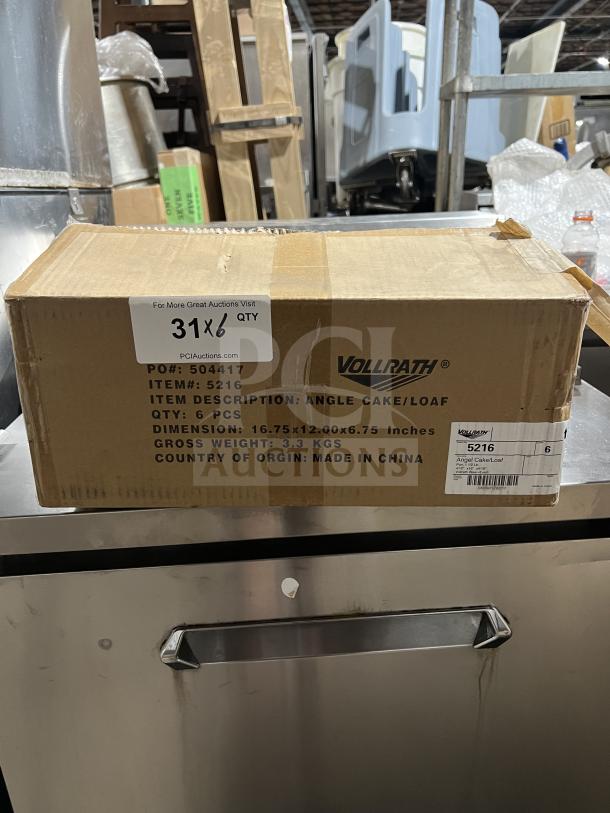 Box of Vollrath Wear-Ever Commercial Aluminum 1.5 lb Angel Cake/Loaf Pans, Model 5216, new, 6 units, Made in China.