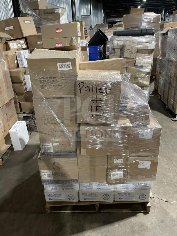 Mixed pallet with commercial items including trash bin liners, dishware, utensil sets, and jars, packed and labeled as "Pallet #15."