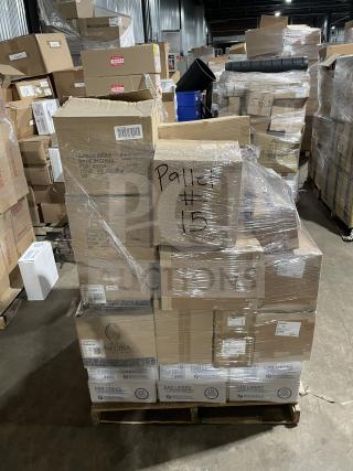 Mixed pallet with commercial items including trash bin liners, dishware, utensil sets, and jars, packed and labeled as "Pallet #15."
