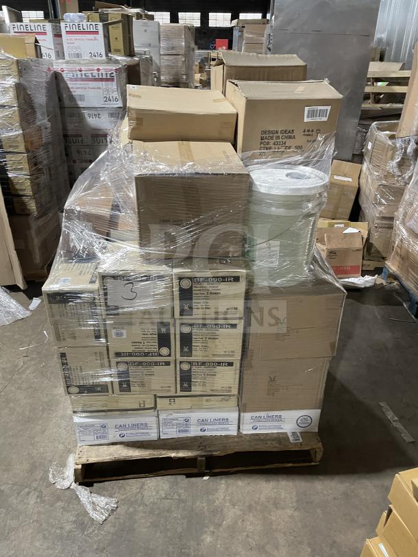 Mixed pallet of commercial kitchen items including trash bin liners, plates, bowls, dessert knives, and more, all brand new.
