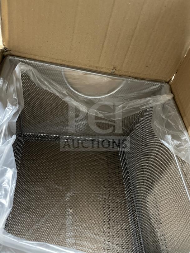 Mixed pallet in a box including a mesh file box with clear liners. New condition, commercial use items inside.