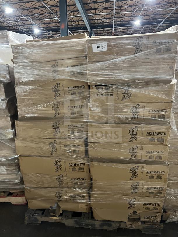 Brand new pallet of Service Ideas ADISPWSTD white hand sanitizer dispensers with floor stands, boxes labeled and shrink-wrapped.