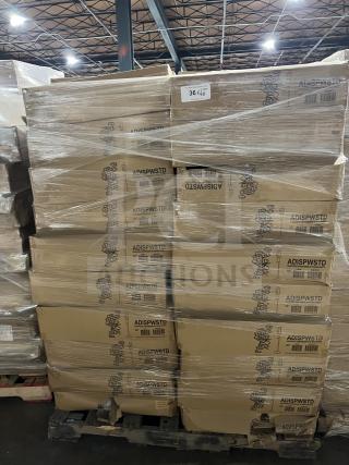 Brand new pallet of Service Ideas ADISPWSTD white hand sanitizer dispensers with floor stands, boxes labeled and shrink-wrapped.