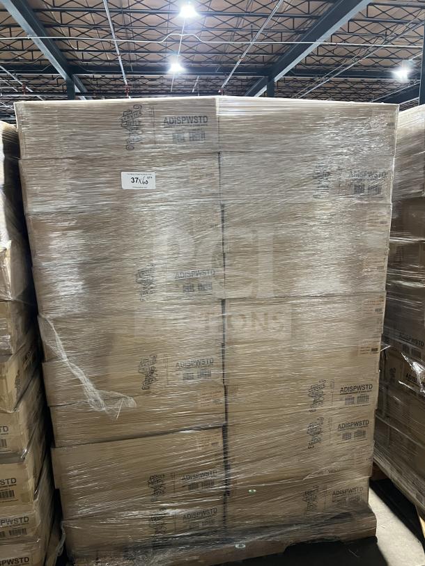 Brand new pallet of Service Ideas ADISPWSTD white hand sanitizer dispensers with floor stand, model labeled.