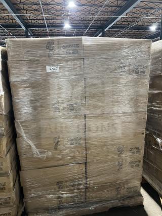 Brand new pallet of Service Ideas ADISPWSTD white hand sanitizer dispensers with floor stand, model labeled.