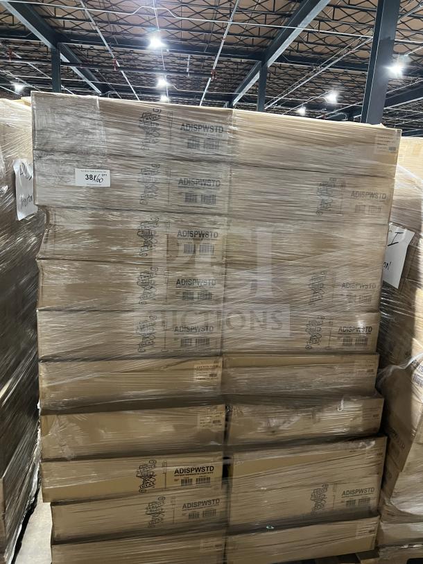 Full pallet of new Service Ideas white hand sanitizer dispensers with floor stands, model ADISPWSTD, wrapped in packaging.