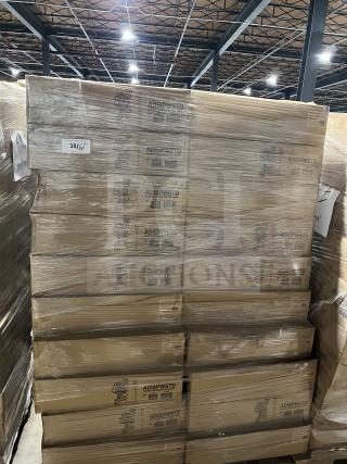 Full pallet of new Service Ideas white hand sanitizer dispensers with floor stands, model ADISPWSTD, wrapped in packaging.