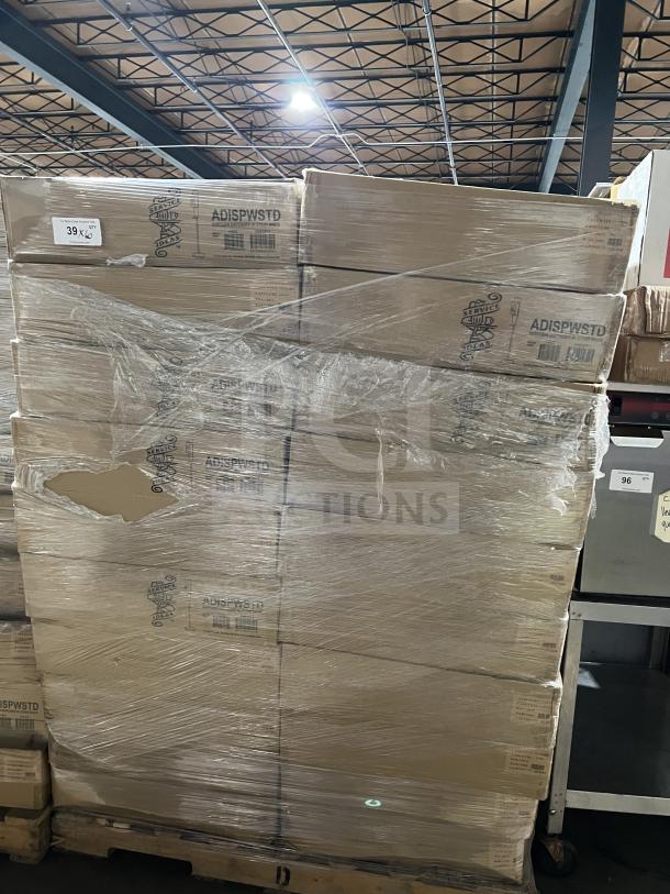 Full pallet of Service Ideas ADISPWSTD hand sanitizer dispensers with floor stands, brand new, in boxed packaging.