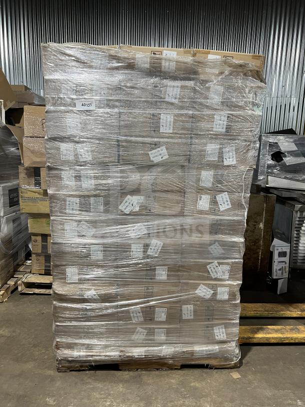 Full pallet of Alpine model ALP430-STAND-BLK black sanitizer dispenser stands, brand new, wrapped and labeled, auction item.