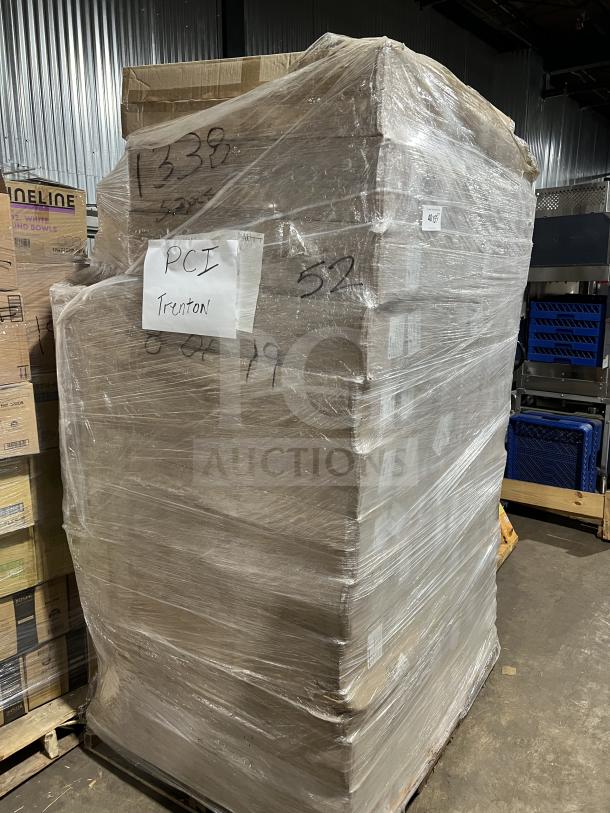 Full pallet of new Alpine ALP430-STAND-BLK sanitizer dispensers, wrapped in clear plastic, labeled "PCI Trenton."