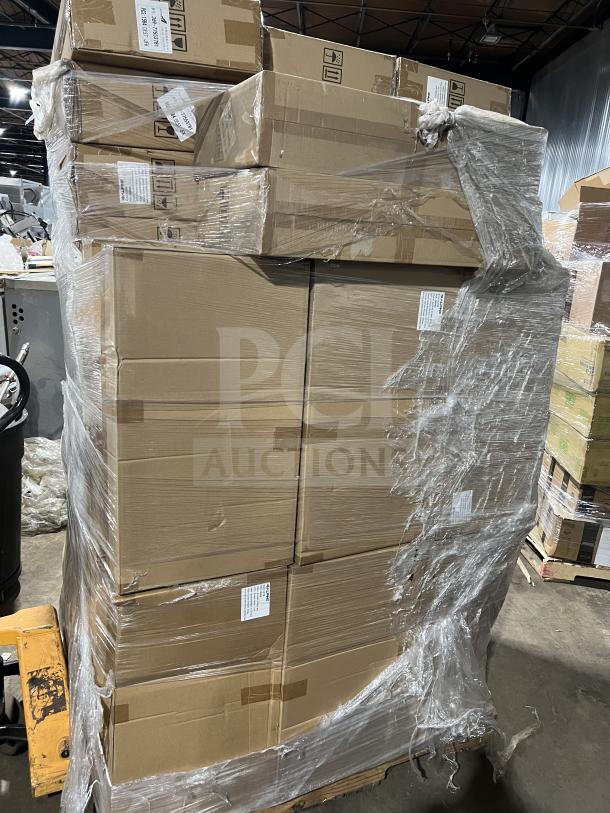 Brand new full pallet of Alpine ALP430-STAND-BLK hand sanitizer dispenser floor stands, wrapped for shipping. Boxes intact.