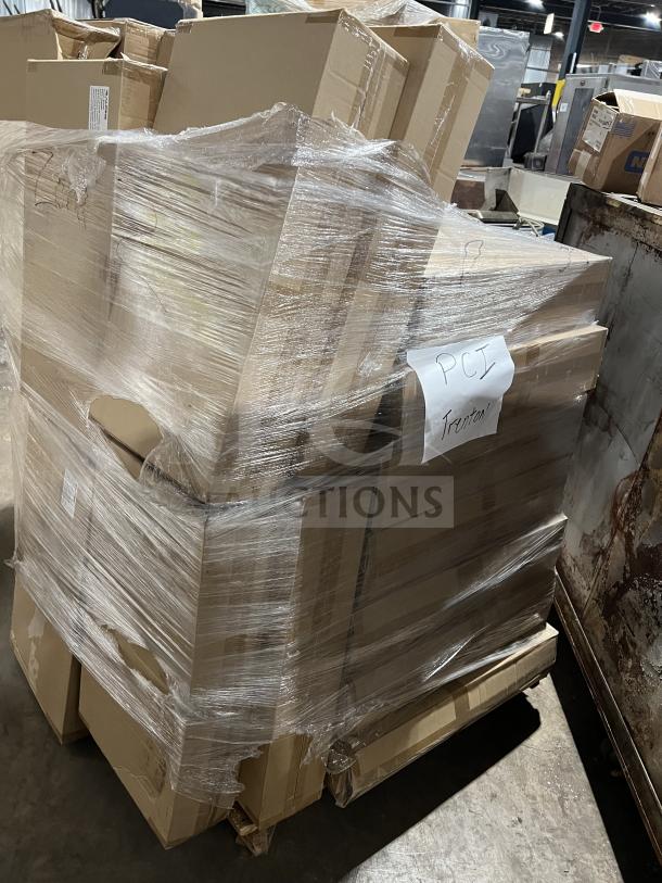 Full pallet of Alpine ALP430-STAND-BLK sanitizer dispenser stands, brand new in boxes, wrapped in plastic for shipping.
