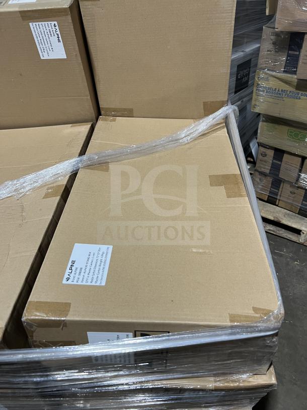Brand new full pallet of Alpine ALP430-STAND-BLK hand sanitizer dispenser floor stands, boxed and shrink-wrapped for auction.