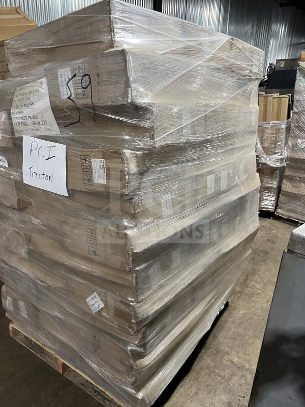 Brand new pallet of Alpine ALP430-STAND-BLK hand sanitizer dispenser floor stands, wrapped, model packaging visible.