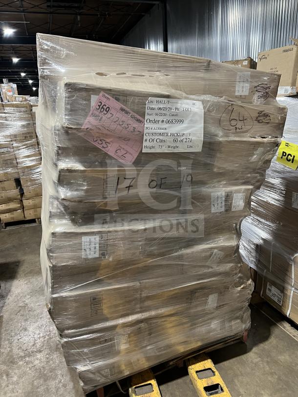 Pallet of Alpine Black Hand Sanitizer Dispenser Stands, Model ALP430STANDBLK, new, wrapped. Order and shipping labels visible.