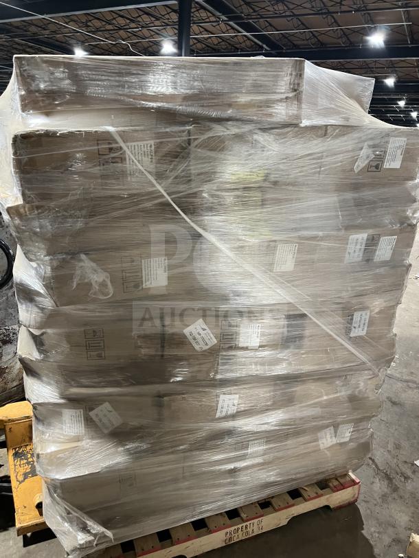 Factory-sealed pallet of Alpine ALP430STANDBLK hand sanitizer dispenser floor stands, wrapped in plastic for auction.