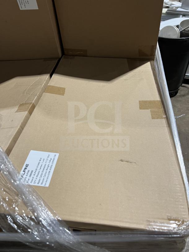 Brand new pallet of Alpine ALP430-STAND-BLK sanitizer dispenser stands, boxed, model label visible.