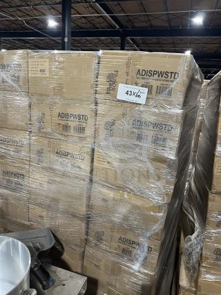 Full pallet of new Service Ideas ADISPWSTD white hand sanitizer dispensers with floor stand, packaged in cardboard boxes.