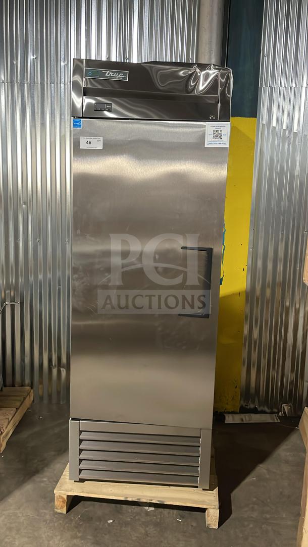 True T-23-HC commercial stainless steel refrigerator, single door, scratch and dent, Energy Star certified, 115V, with poly-coated rack.