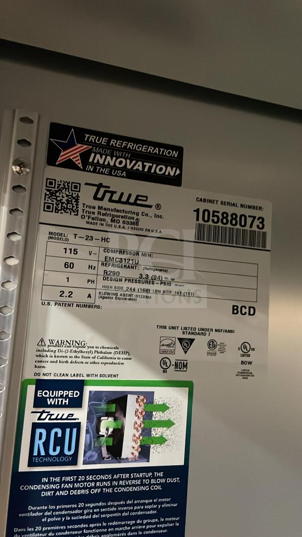 True T-23-HC commercial stainless steel refrigerator, Energy Star certified, with poly-coated wire rack. Serial: 10588073.