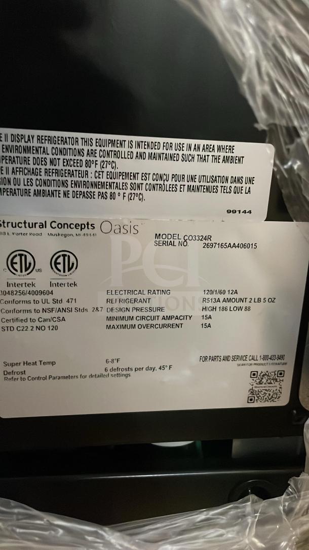 Brand new Structural Concepts Oasis Series CO3324RUC refrigerated display case, black laminate, 36", 120V, self-service.