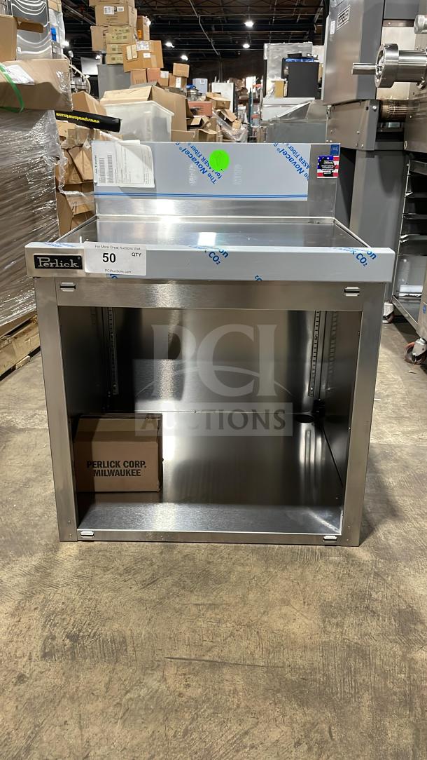 Brand new Perlick commercial stainless steel underbar storage cabinet with drainboard top, on legs. Label: "Perlick Corp. Milwaukee."
