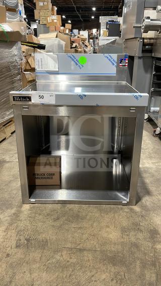 Brand new Perlick commercial stainless steel underbar storage cabinet with drainboard top, on legs. Label: "Perlick Corp. Milwaukee."