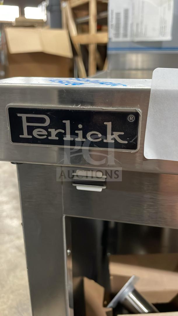 Brand new Perlick stainless steel underbar storage cabinet with drainboard top, on adjustable legs, in pristine condition.