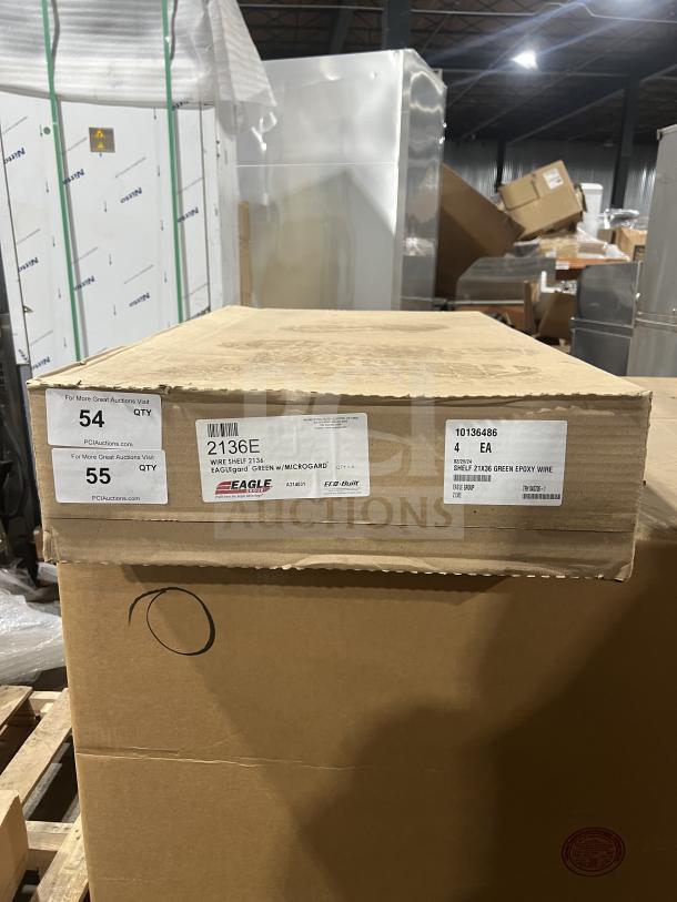 Eagle 2136E 21"x36" epoxy-coated wire shelf, brand new in box, commercial-grade. Labels show model and Microgard feature.