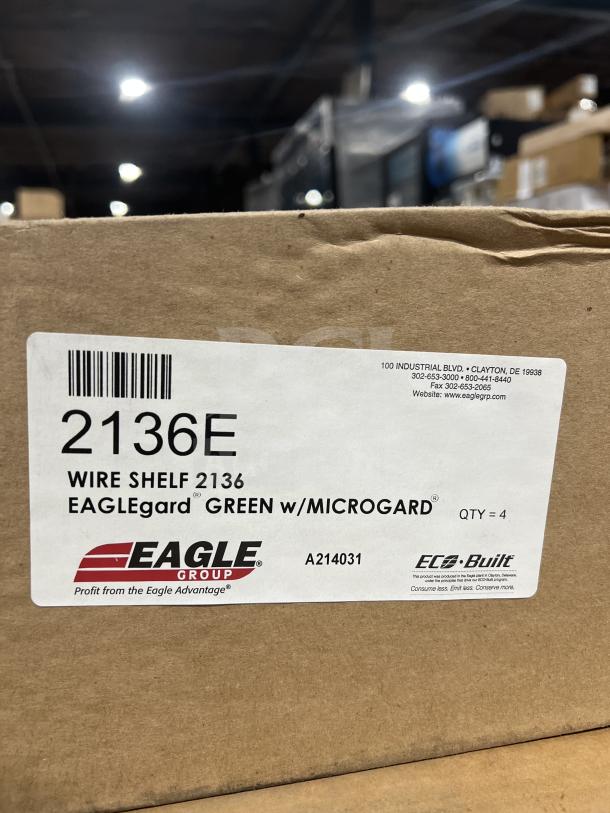 Brand new Eagle 2136E green epoxy-coated wire shelf, 21"x36", in original box with label. Model: 2136E.